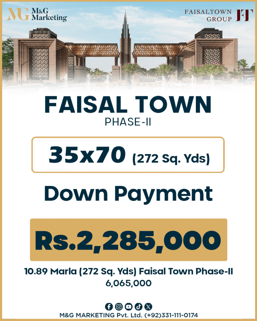 Payment and Installment Plan FAISAL TOWN-II 35x70, Down Payment Rs.2,285,000 , 10 Marla (272 Sq. Yds) 6,065,000 Contact M&G Marketing +923311110174