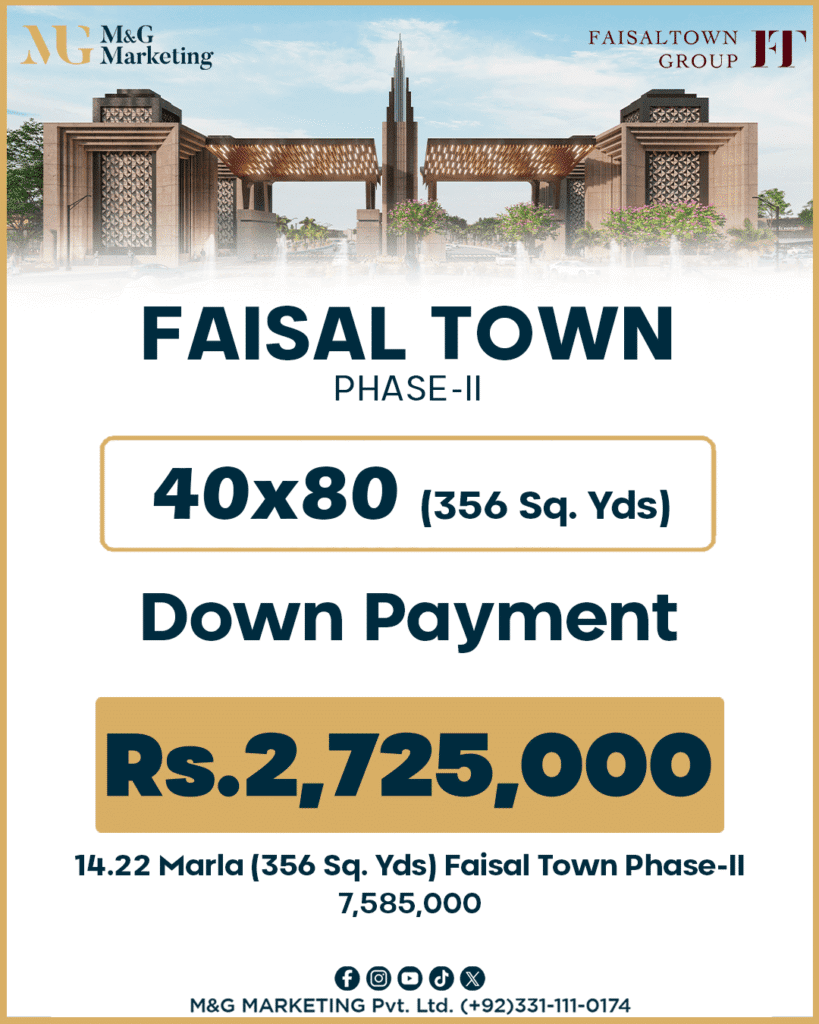 Payment and Installment Plan FAISAL TOWN-II 40x80, Down Payment Rs.2,725,000, 14 Marla (356 Sq. Yds) 7,585,000 Contact M&G Marketing +923311110174