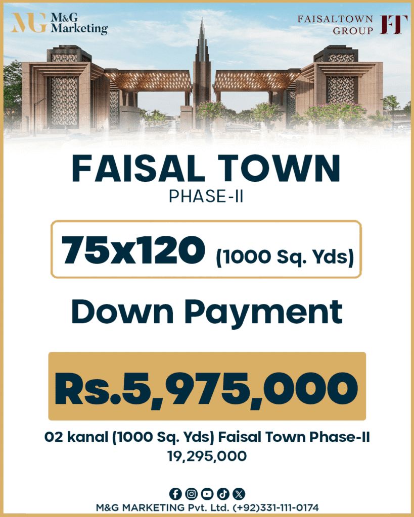 Payment and Installment Plan FAISAL TOWN-II 75x120, Down Payment Rs.5,975,000 , 02 kanal (1000 Sq. Yds) 19,295,000 Contact M&G Marketing +923311110174