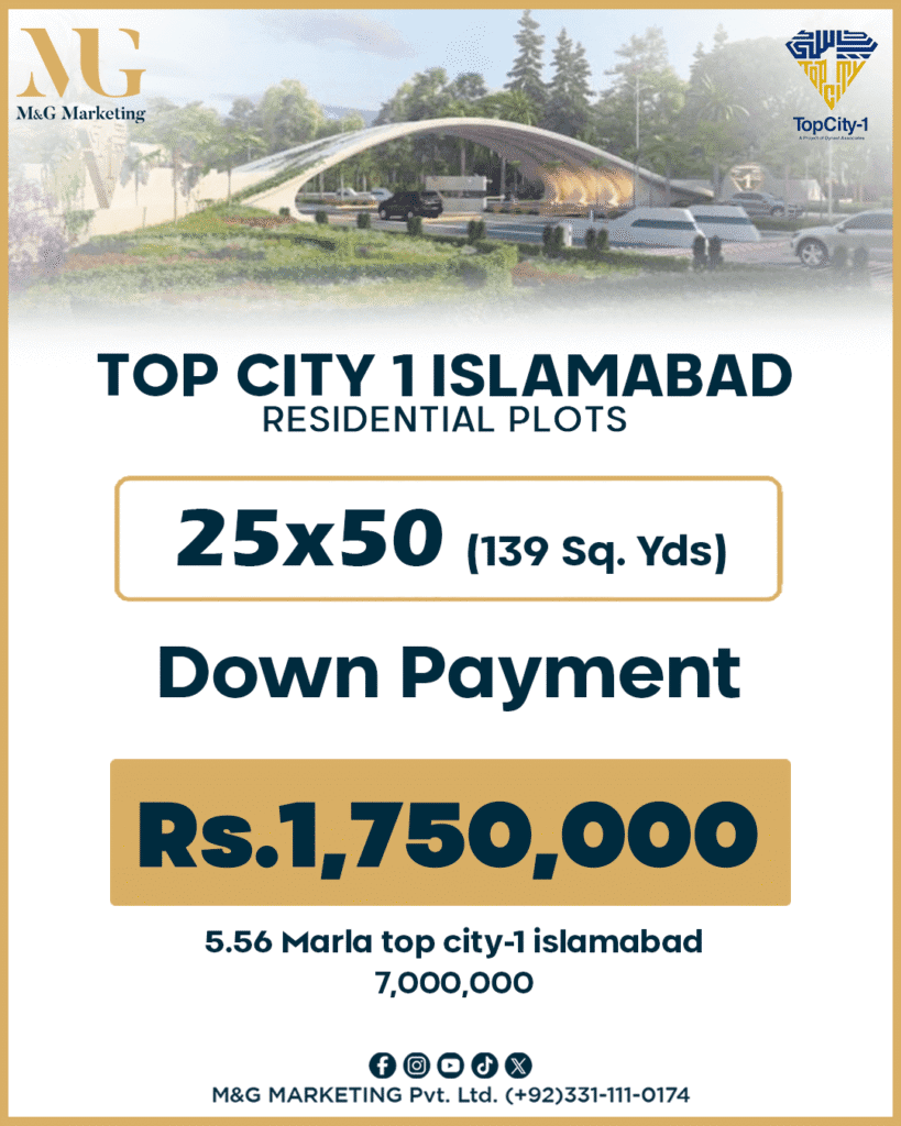 Payment and Installment Plan Top City 1 25×50, Down Payment Rs.1,750,000, 5.56 Marla Contact M&G Marketing +923311110174
