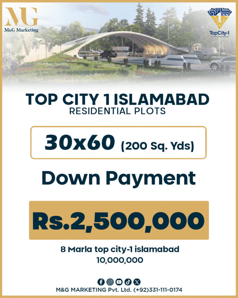 Payment and Installment Plan Top City 1 30×60, Down Payment Rs.2,500,000, 8 Marla Contact M&G Marketing +923311110174