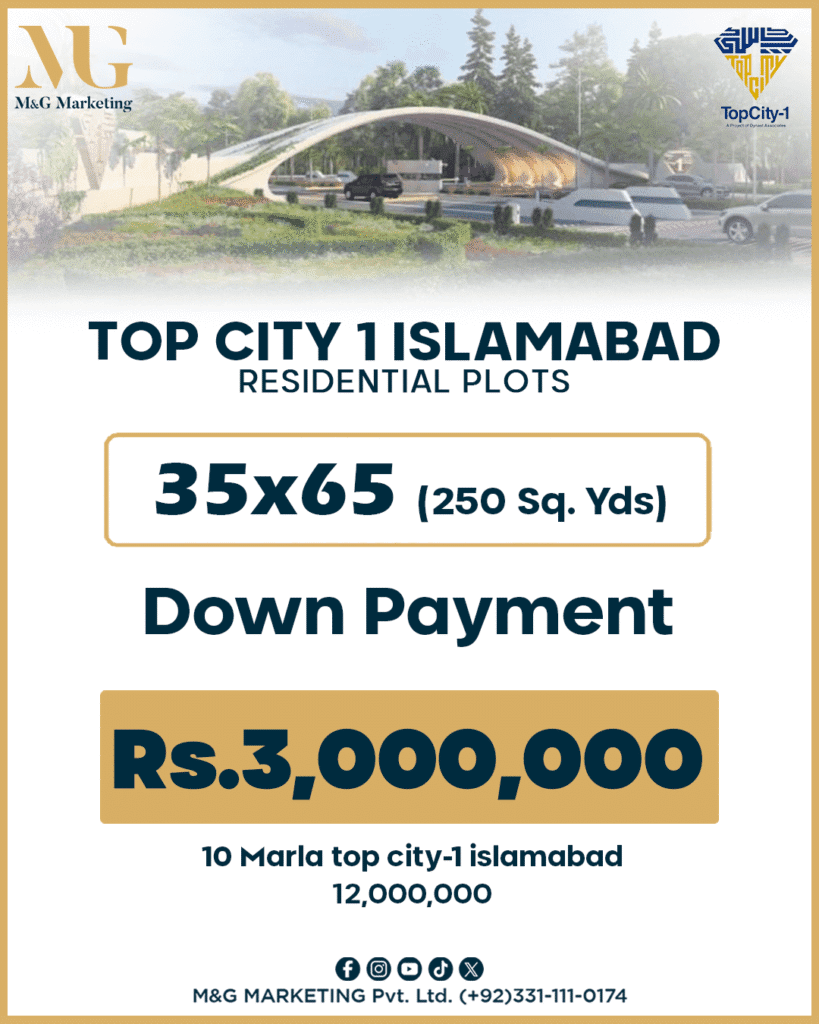 Payment and Installment Plan Top City 1 35×65, Down Payment Rs.3,000,000, 10 Marla Contact M&G Marketing +923311110174
