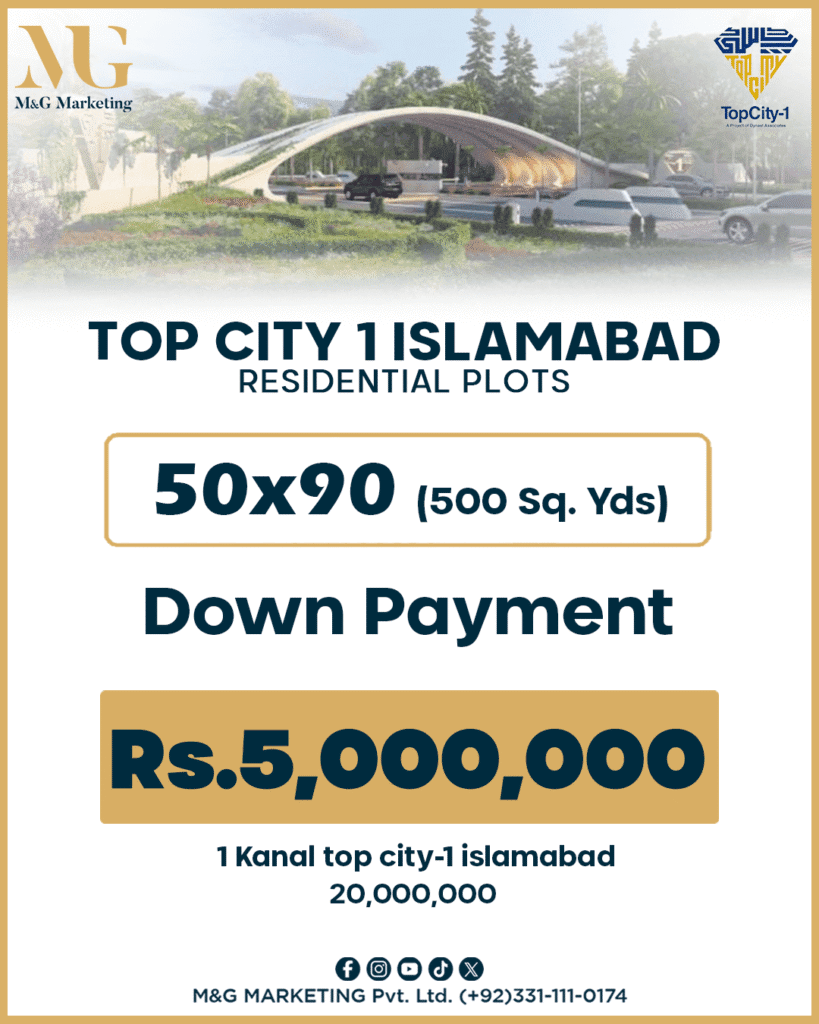Payment and Installment Plan Top City 1 50×90, Down Payment Rs.5,000,000, 01 kanal Contact M&G Marketing +923311110174